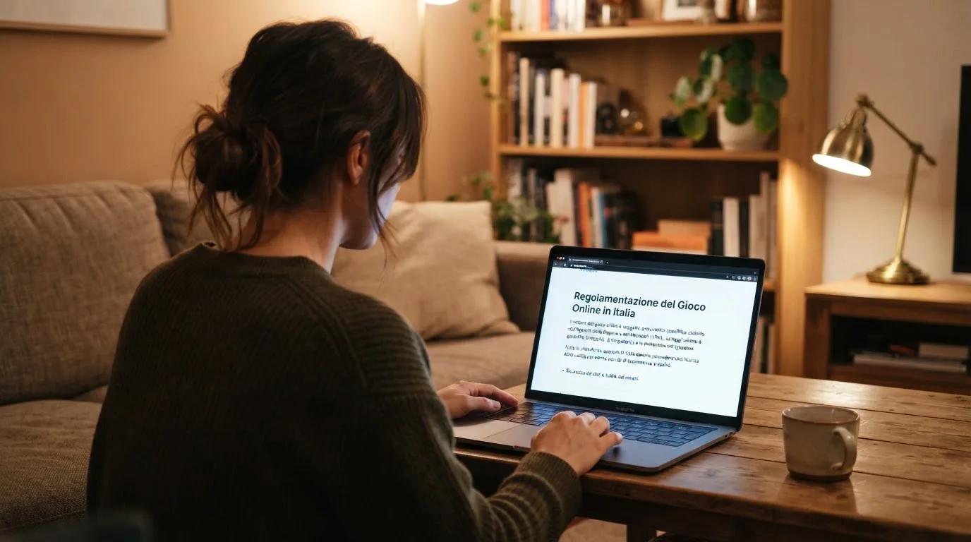 Persona davanti a un portatile che legge una pagina informativa sul gioco online in Italia — 100 giri gratis senza deposito