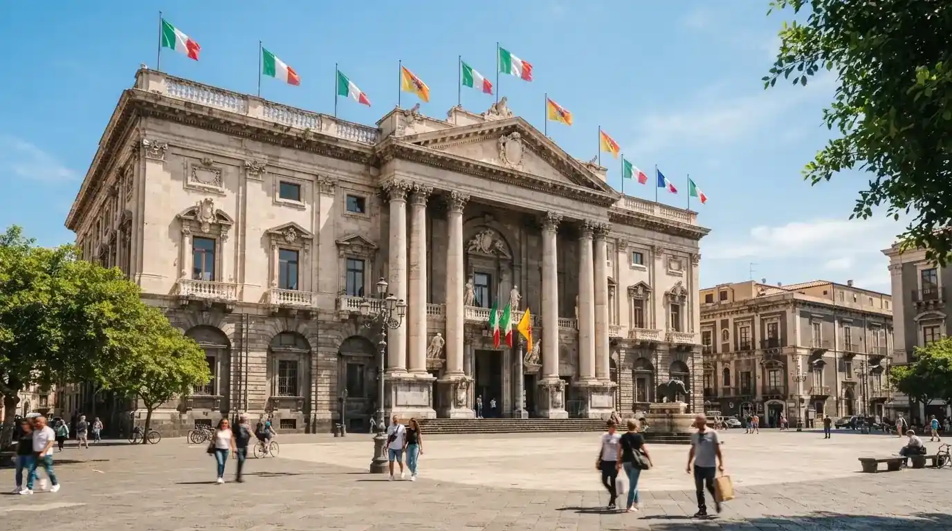 Palazzo istituzionale con bandiere al vento in una piazza soleggiata — 100 giri gratis senza deposito