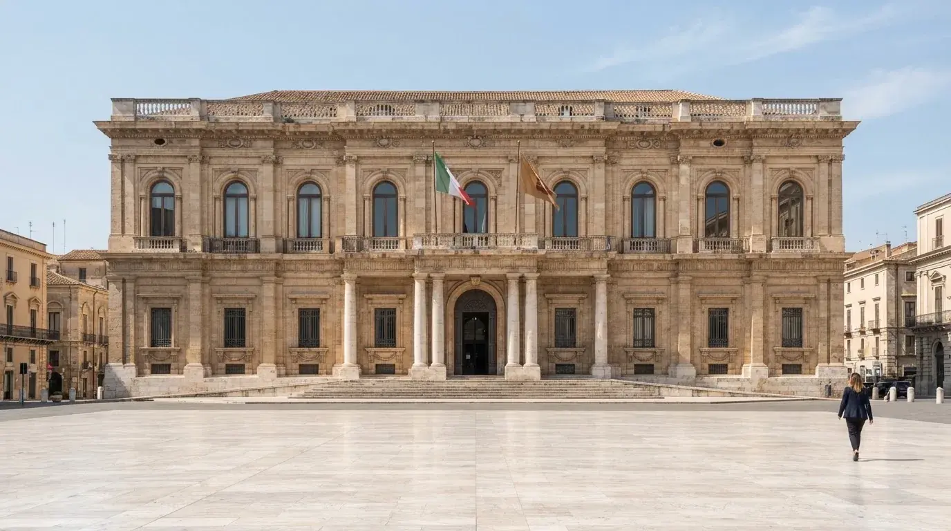 Palazzo istituzionale con bandiere al vento in una piazza soleggiata — 25, 30, 50, 100, 200 giri gratis senza deposito