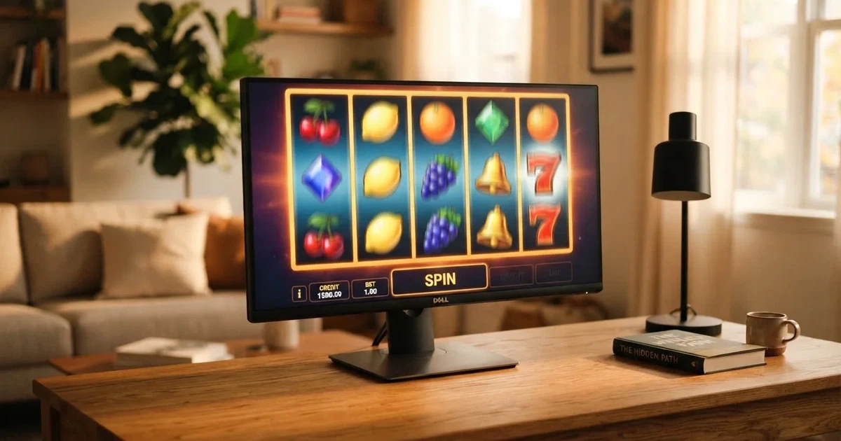Rulli di una slot in movimento sullo schermo di un computer in un salotto — 25, 30, 50, 100, 200 giri gratis senza deposito