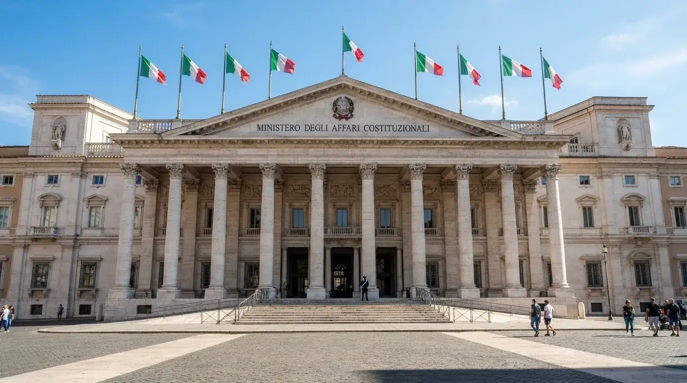 Palazzo istituzionale con bandiere al vento in una piazza soleggiata — 50 free spins senza deposito