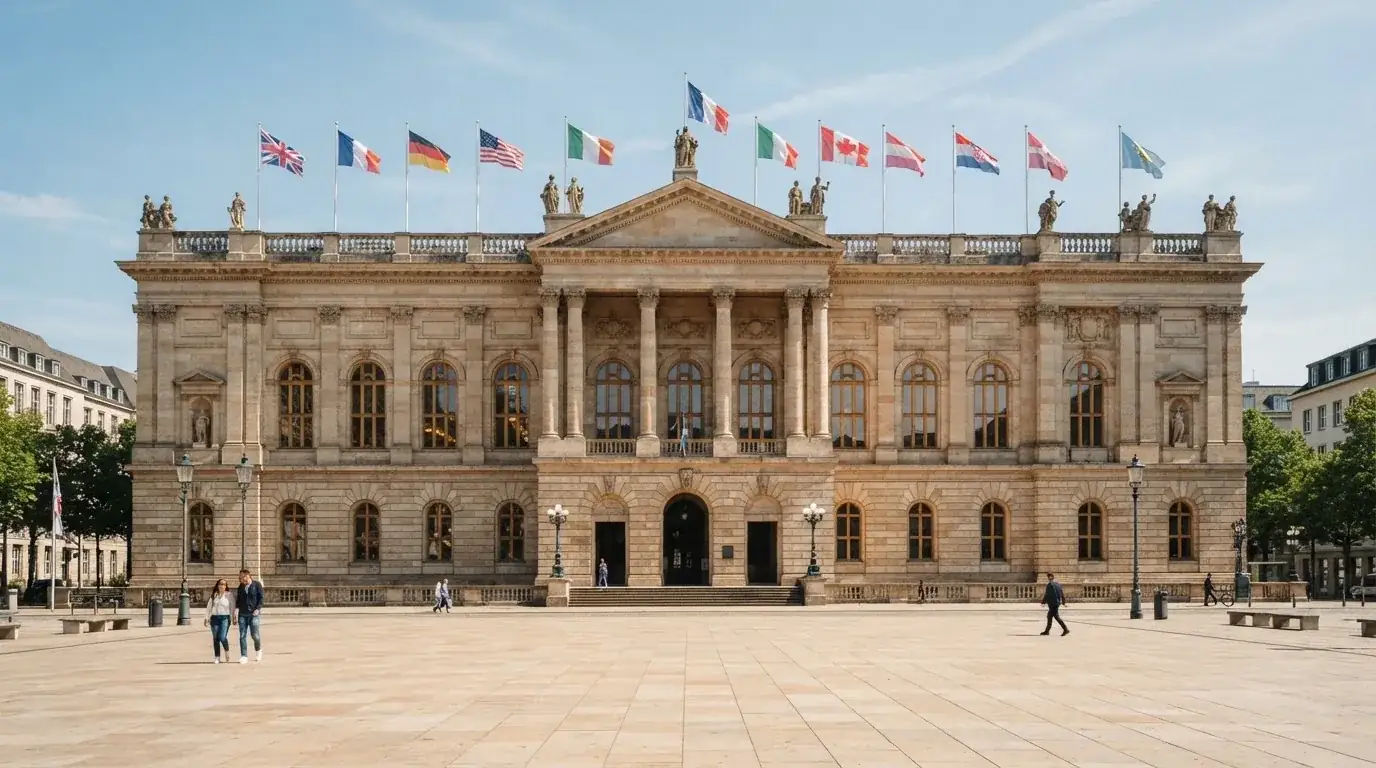 Palazzo istituzionale con bandiere al vento in una piazza soleggiata — casinò che accettano bitcoin