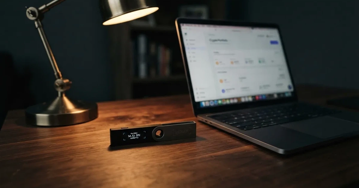 Portafoglio hardware accanto a un portatile su una scrivania scura con lampada — casinò che accettano bitcoin
