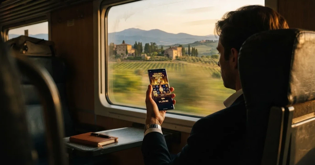Smartphone in mano su un treno, paesaggio sfocato dal finestrino — casino com app android