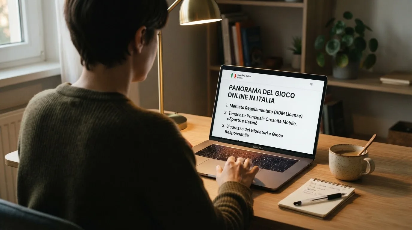 Persona davanti a un portatile che legge una pagina informativa sul gioco online in Italia — casino com app iphone