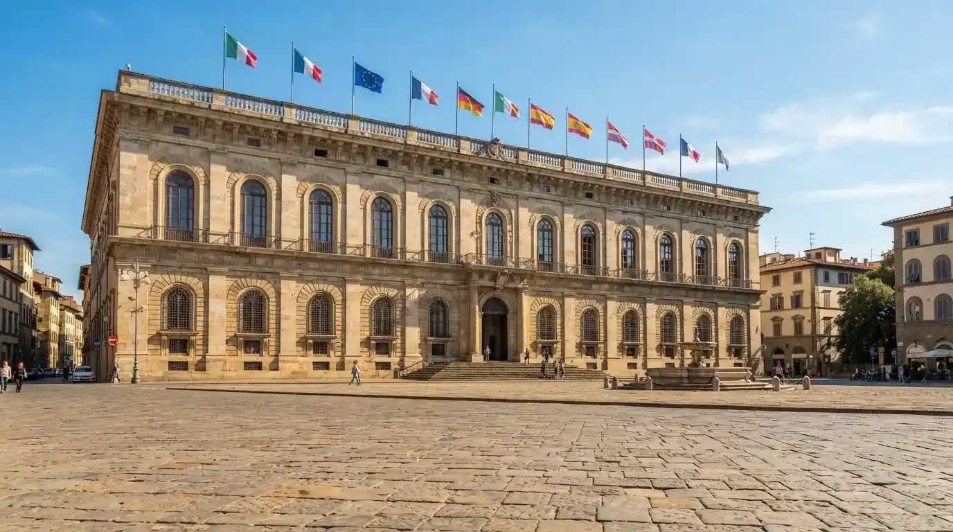 Palazzo istituzionale con bandiere al vento in una piazza soleggiata — casino com app iphone