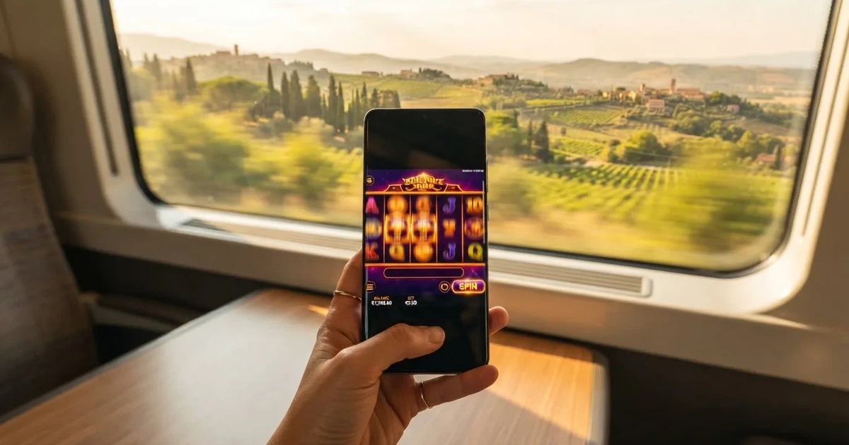 Smartphone in mano su un treno, paesaggio sfocato dal finestrino — casino com app iphone