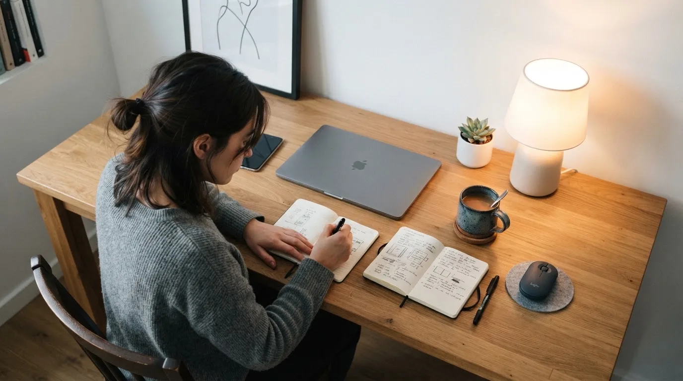 Una persona seduta a una scrivania minimalista con un laptop chiuso e una lampada accesa in un ufficio domestico ordinato.