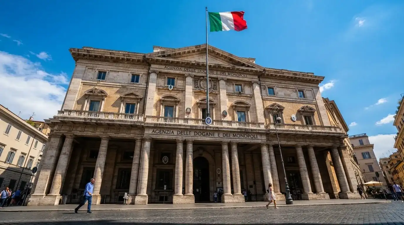 Un edificio governativo italiano con bandiera al vento fotografato dal basso in una giornata di sole.