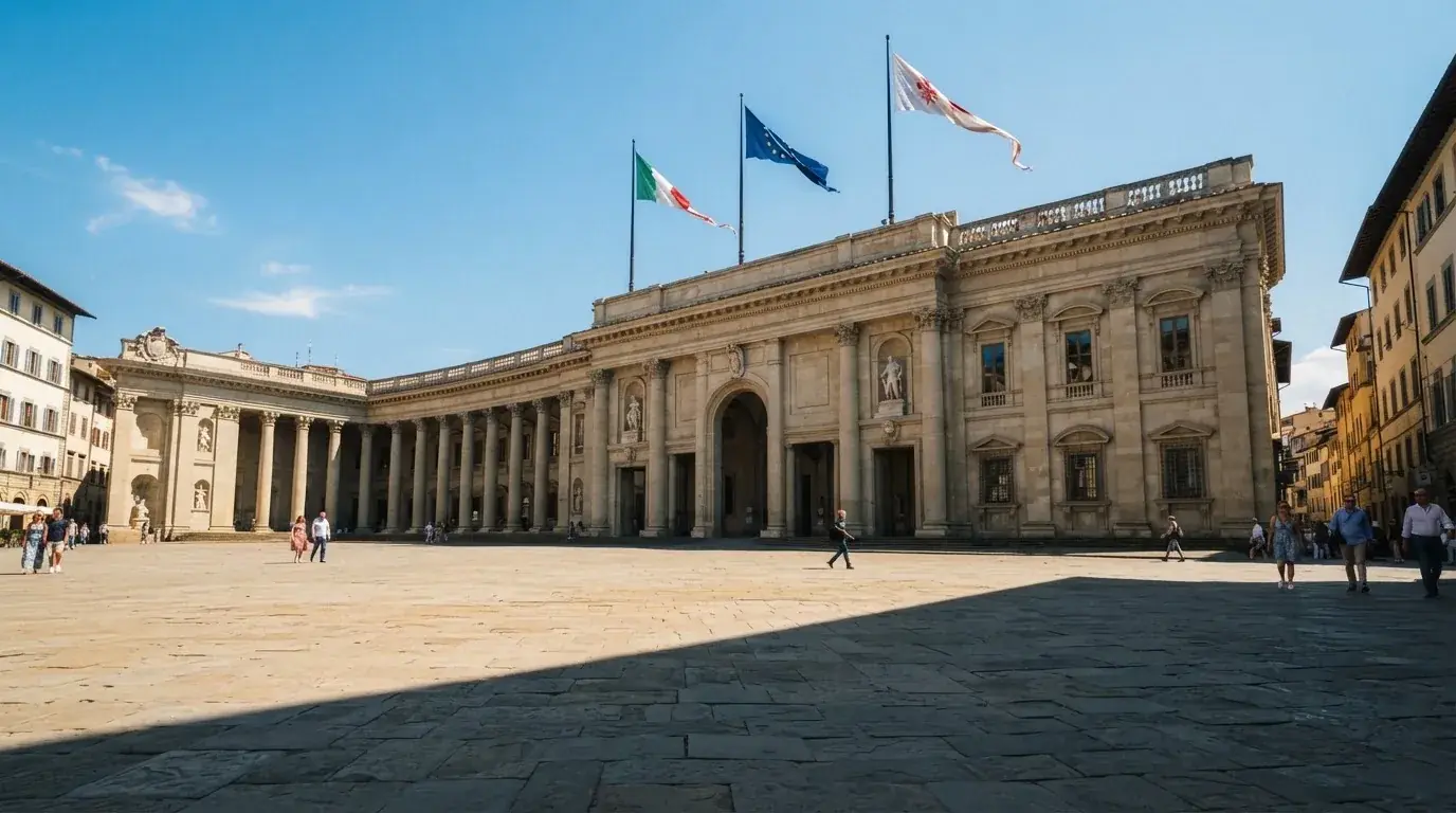 Palazzo istituzionale con bandiere al vento in una piazza soleggiata — casino dal vivo online