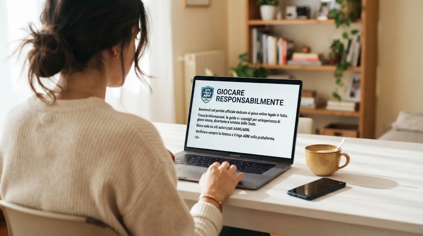 Persona davanti a un portatile che legge una pagina informativa sul gioco online in Italia — casino deposito minimo 1, 5, 10 e 20 euro