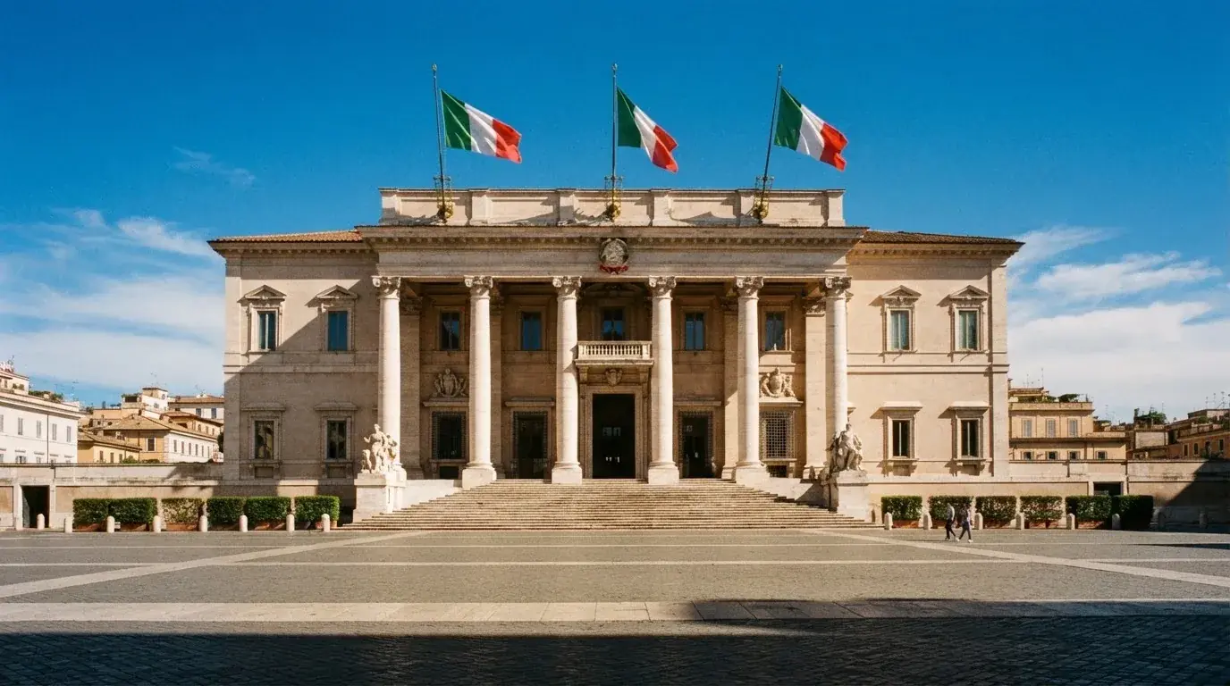Palazzo istituzionale con bandiere al vento in una piazza soleggiata — casino deposito minimo 1, 5, 10 e 20 euro