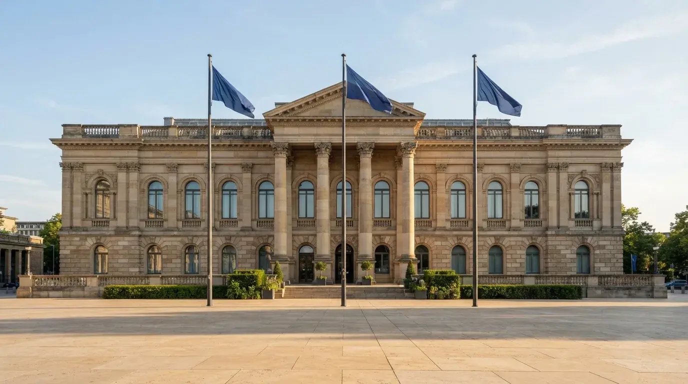 Palazzo istituzionale con bandiere al vento in una piazza soleggiata — casino deposito minimo 1 euro