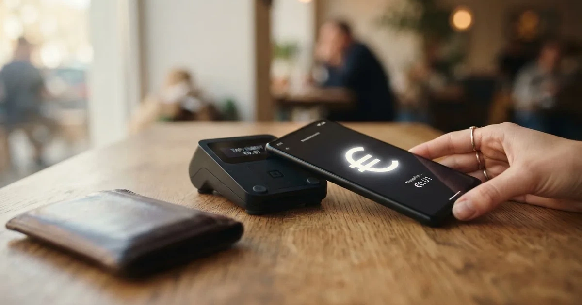 Terminale di pagamento e smartphone su un tavolo di legno accanto a un portafoglio — casino deposito minimo 1 euro