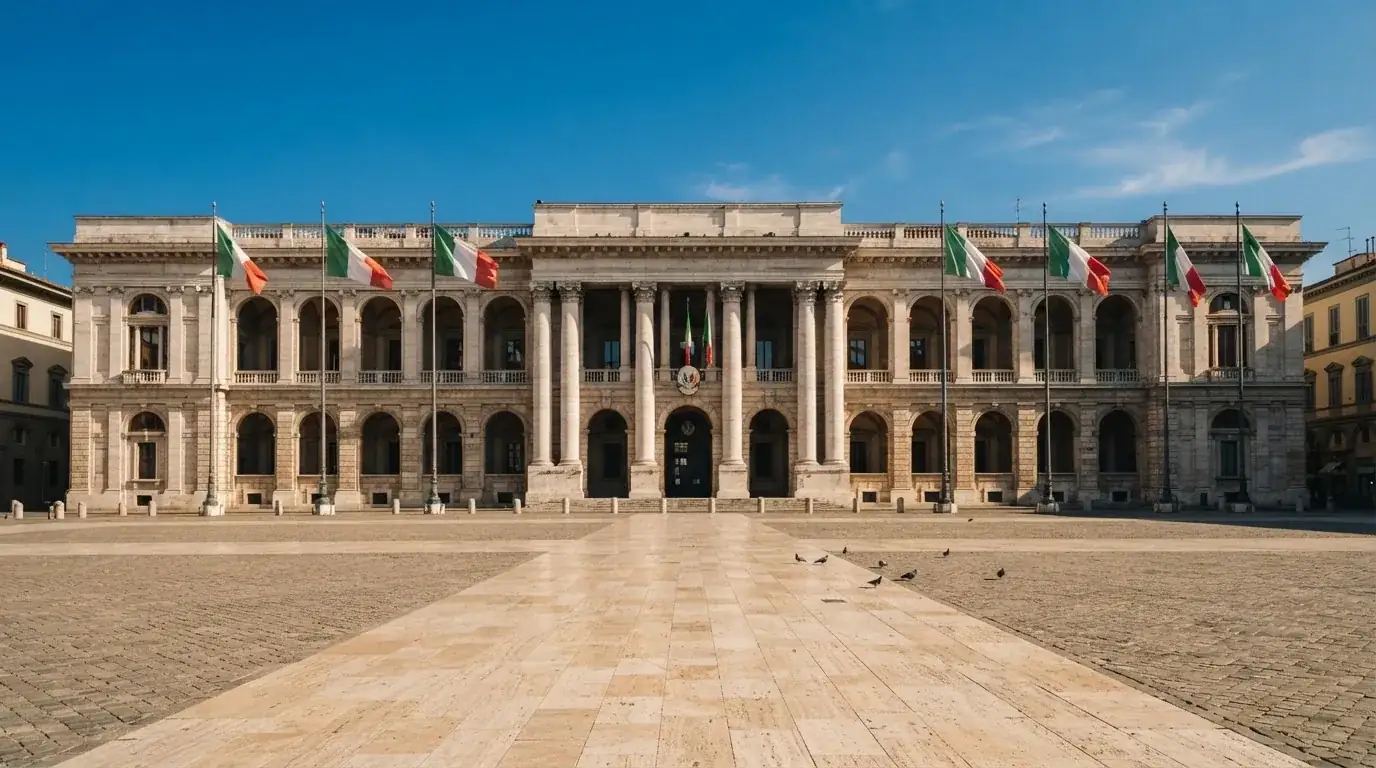 Palazzo istituzionale con bandiere al vento in una piazza soleggiata — casino deposito minimo 10 centesimi