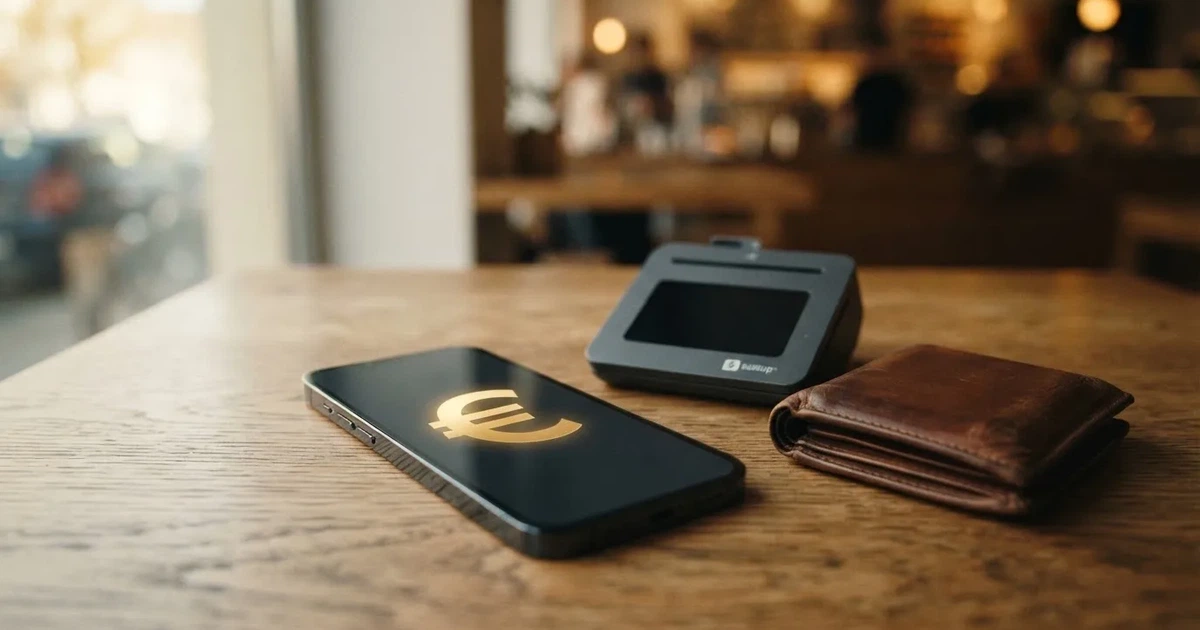 Terminale di pagamento e smartphone su un tavolo di legno accanto a un portafoglio — casino deposito minimo 10 centesimi