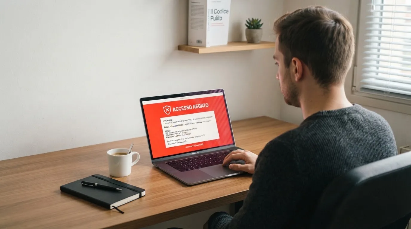Un uomo seduto alla scrivania osserva pensieroso il monitor di un computer portatile, in una stanza ordinata con una tazza di caffè accanto.