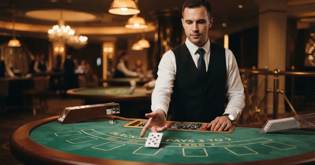 Un croupier distribuisce carte su un tavolo da gioco elegante, illuminato da luci soffuse in una sala professionale.