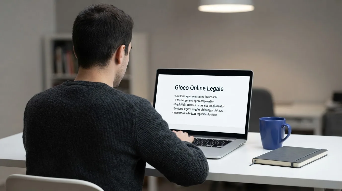 Persona davanti a un portatile che legge una pagina informativa sul gioco online in Italia — casino metodi di pagamento italia