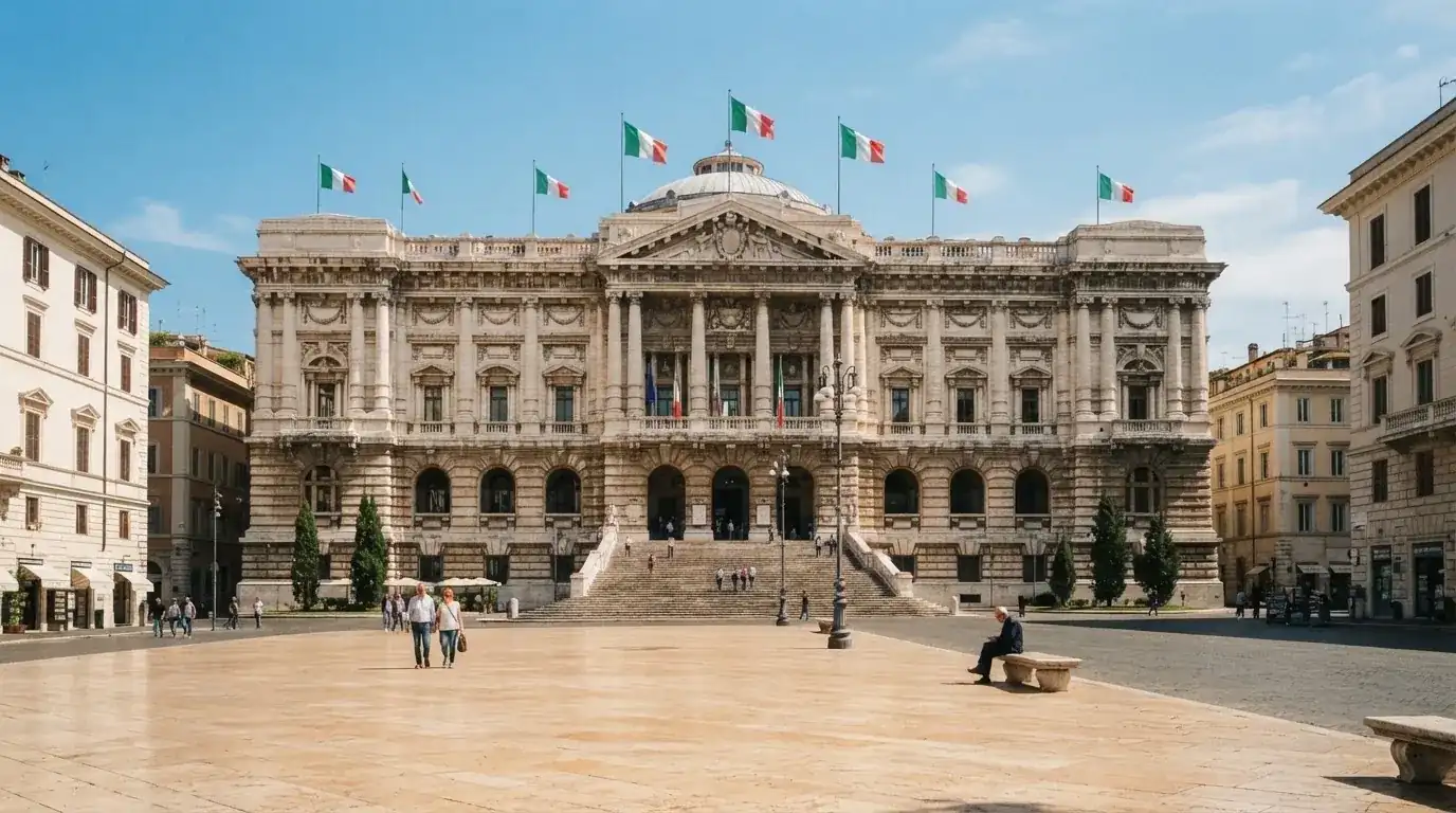 Palazzo istituzionale con bandiere al vento in una piazza soleggiata — casino metodi di pagamento italia