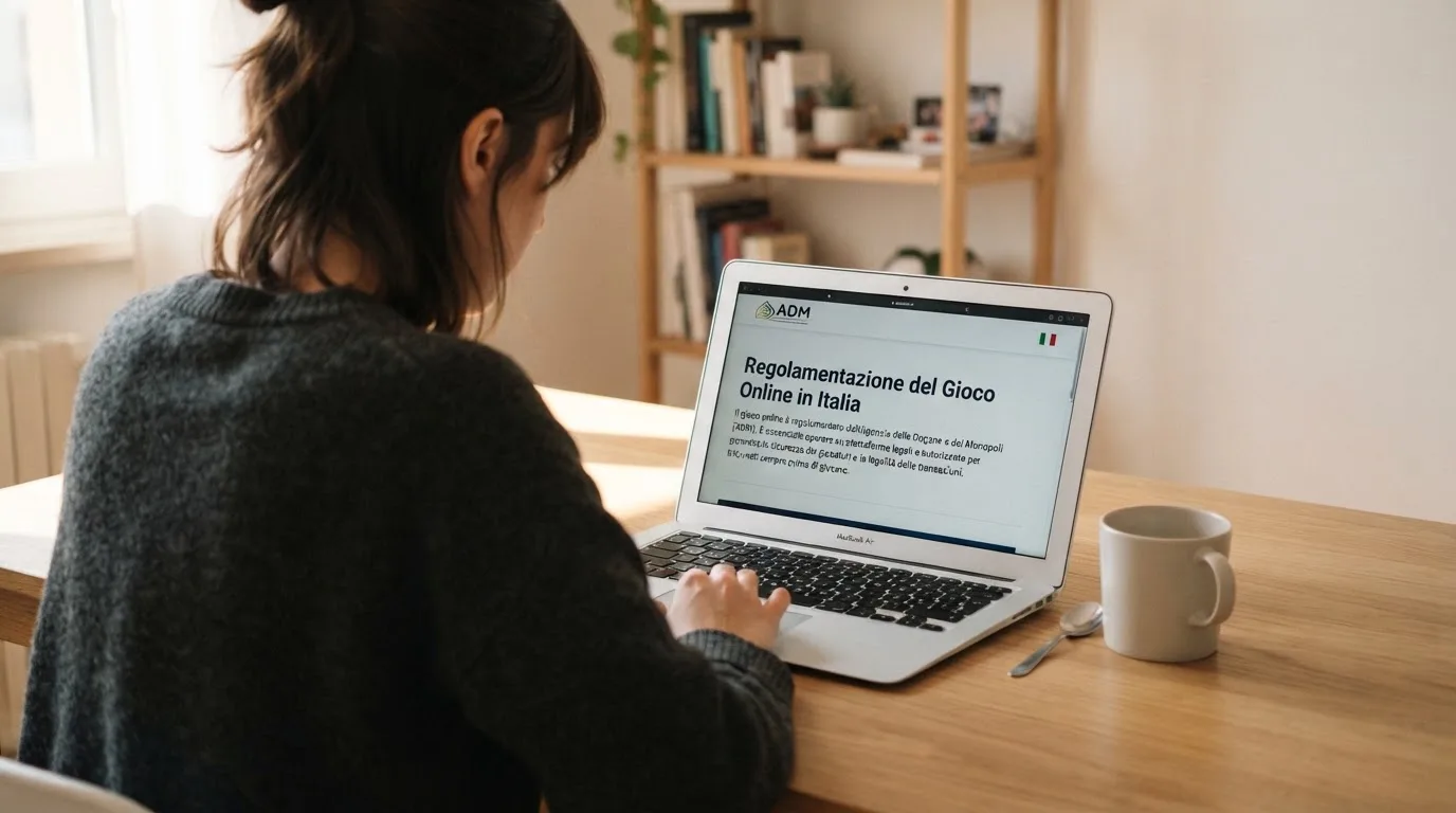 Persona davanti a un portatile che legge una pagina informativa sul gioco online in Italia — casino no adm