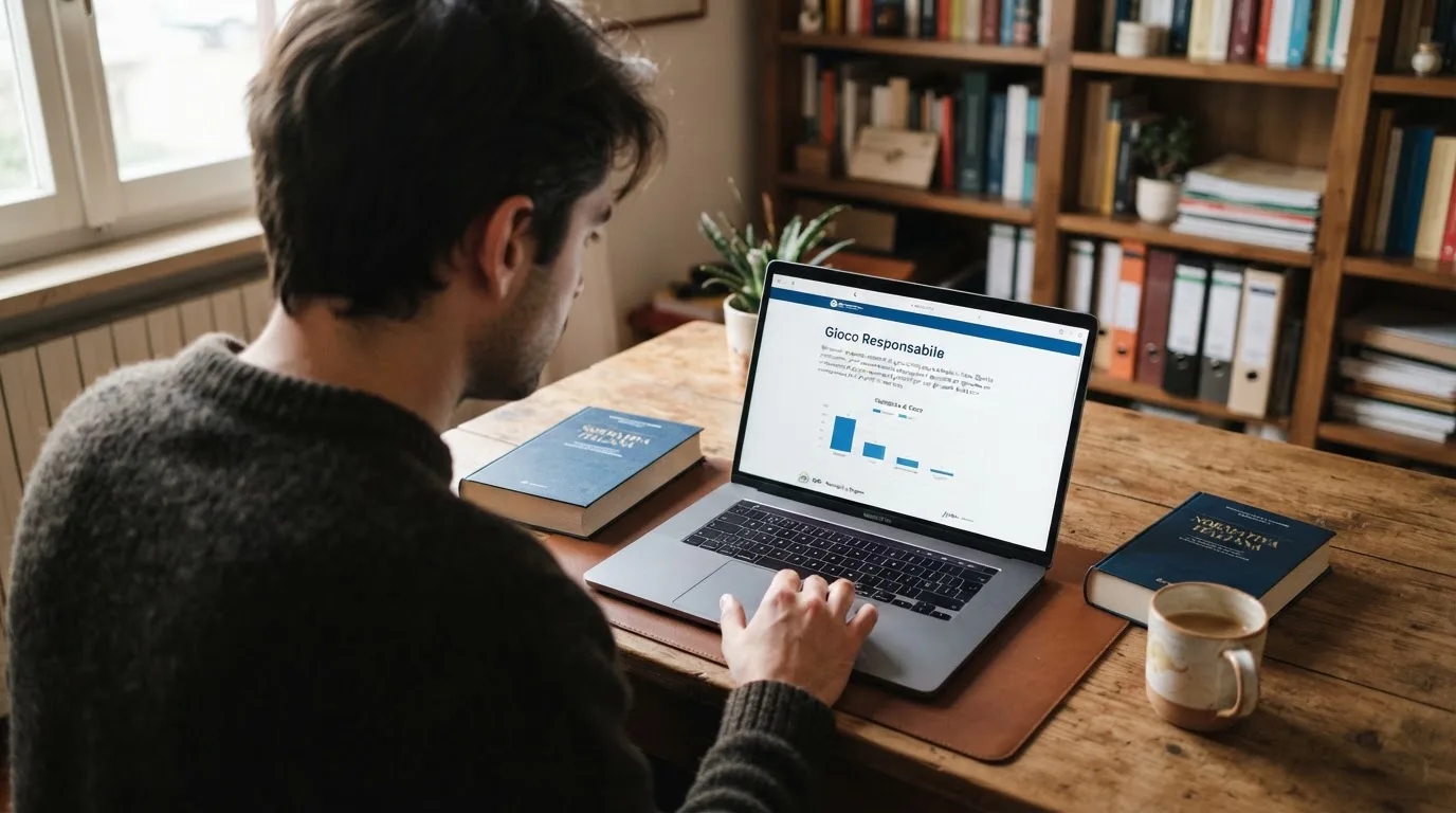 Persona davanti a un portatile che legge una pagina informativa sul gioco online in Italia — casinò non aams che accettano dogecoin