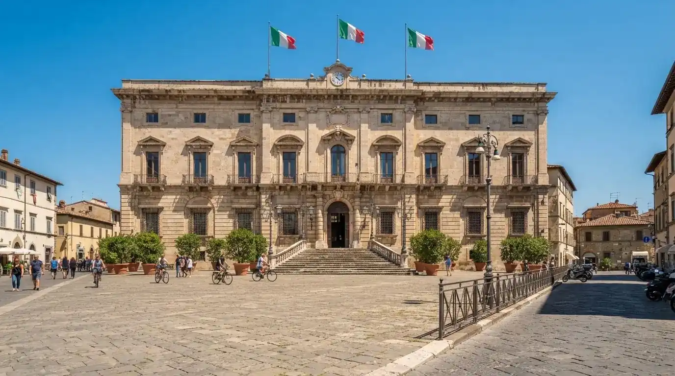 Palazzo istituzionale con bandiere al vento in una piazza soleggiata — casinò non aams che accettano dogecoin