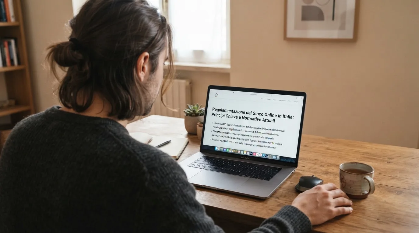 Persona davanti a un portatile che legge una pagina informativa sul gioco online in Italia — casino non aams che accettano postepay
