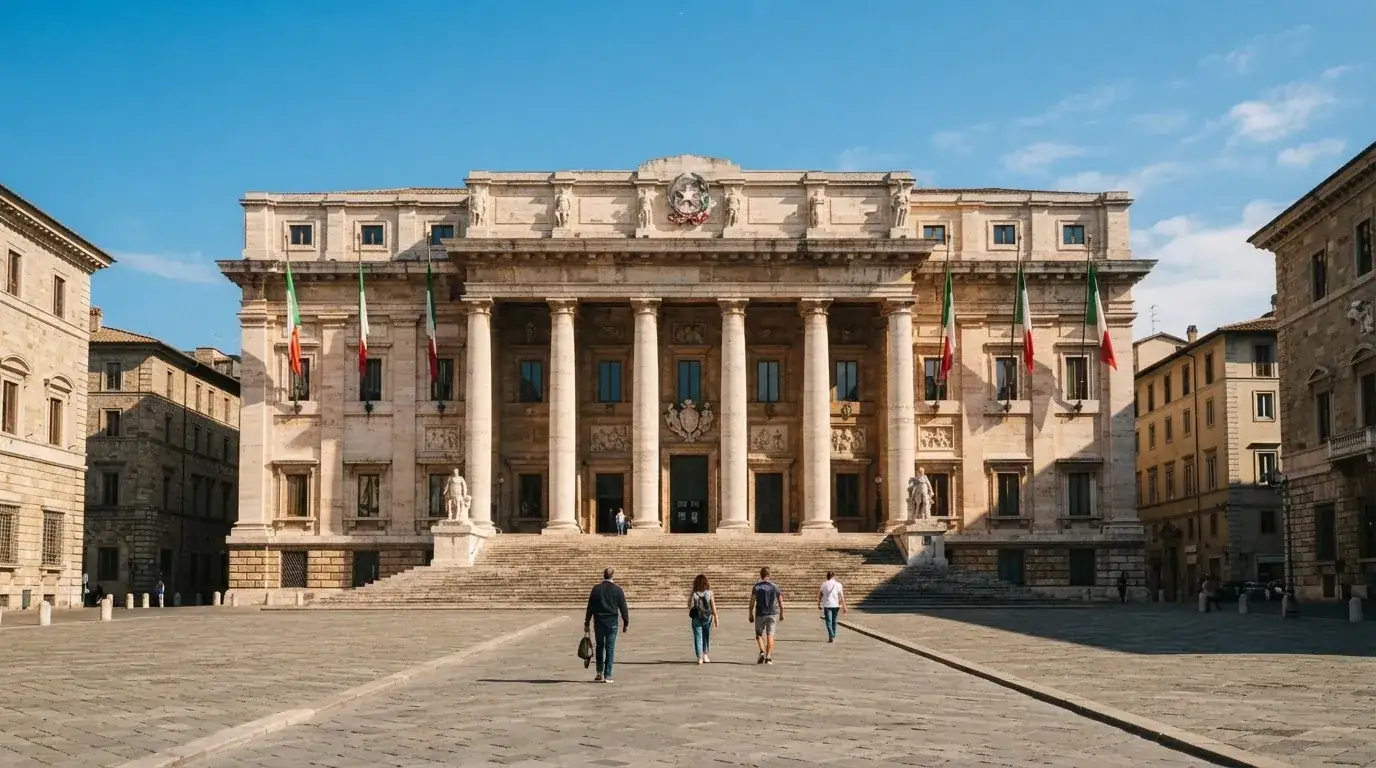 Palazzo istituzionale con bandiere al vento in una piazza soleggiata — casino non aams che accettano postepay