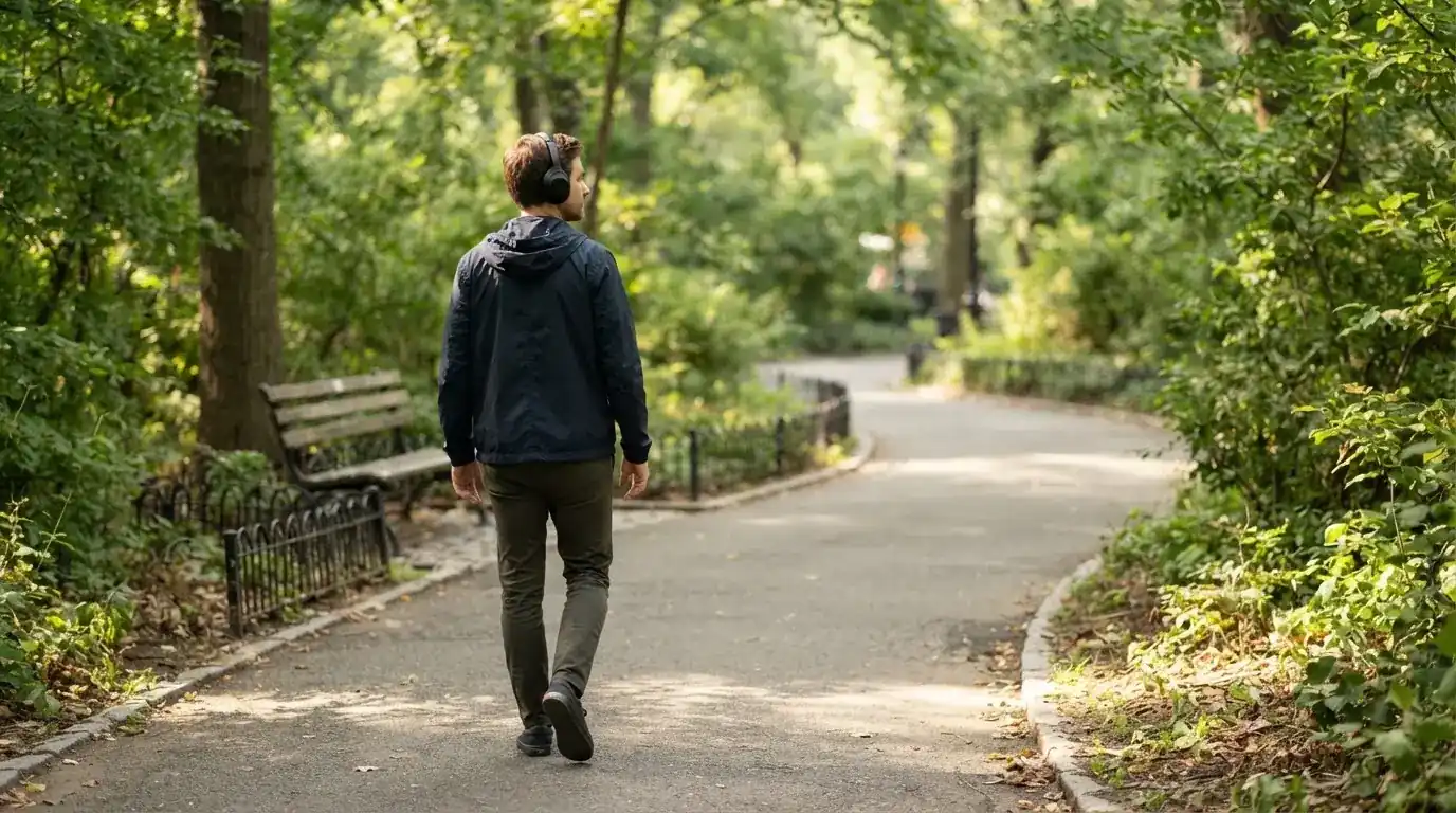 Un uomo cammina all'aperto in un parco cittadino indossando cuffie, lontano da qualsiasi dispositivo elettronico acceso.