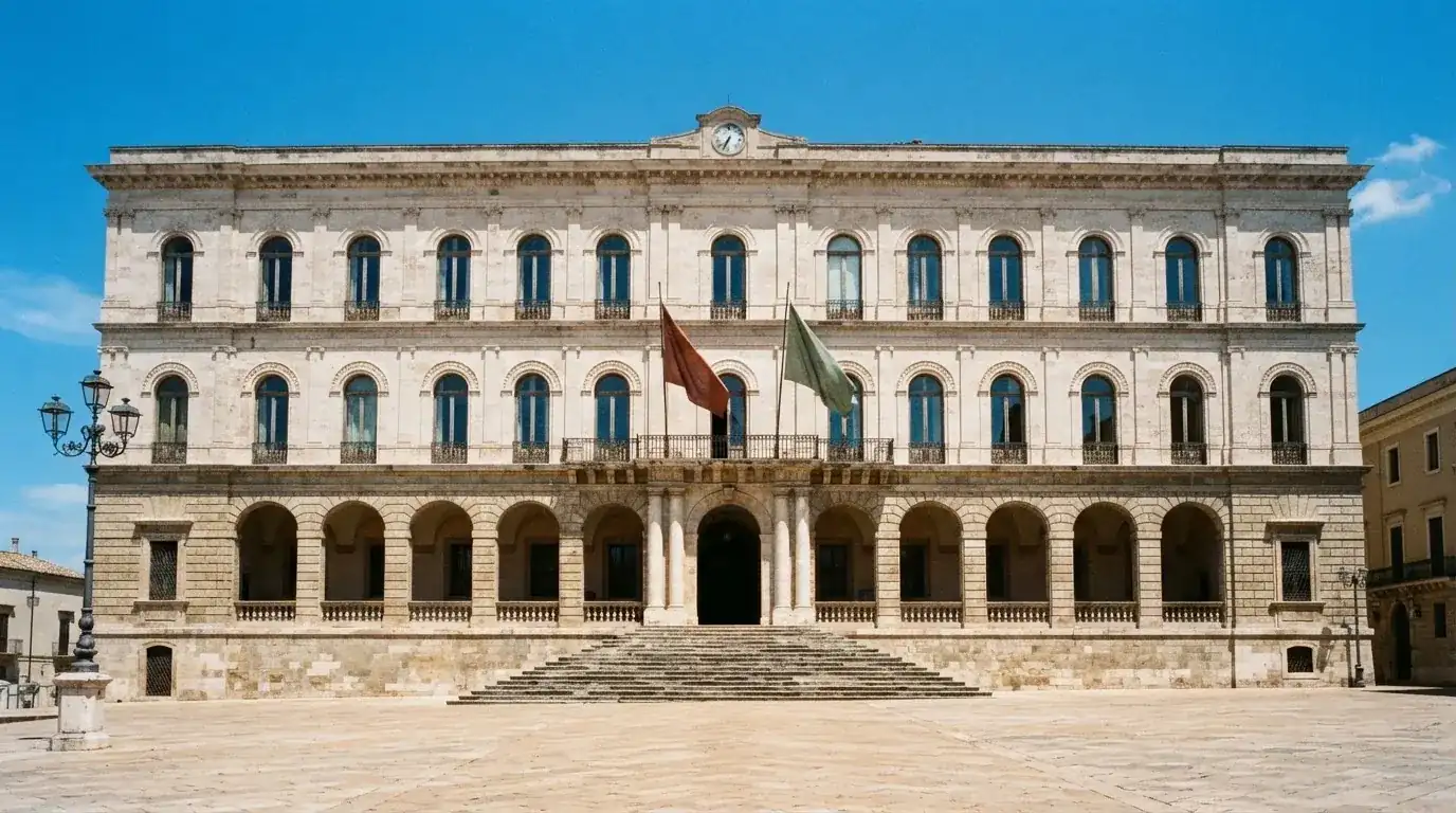 Palazzo istituzionale con bandiere al vento in una piazza soleggiata — casino online con algoritmo unbiased