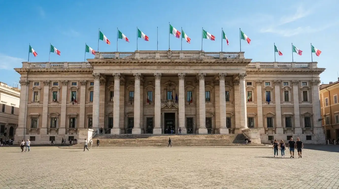 Palazzo istituzionale con bandiere al vento in una piazza soleggiata — casino online con bonus crab