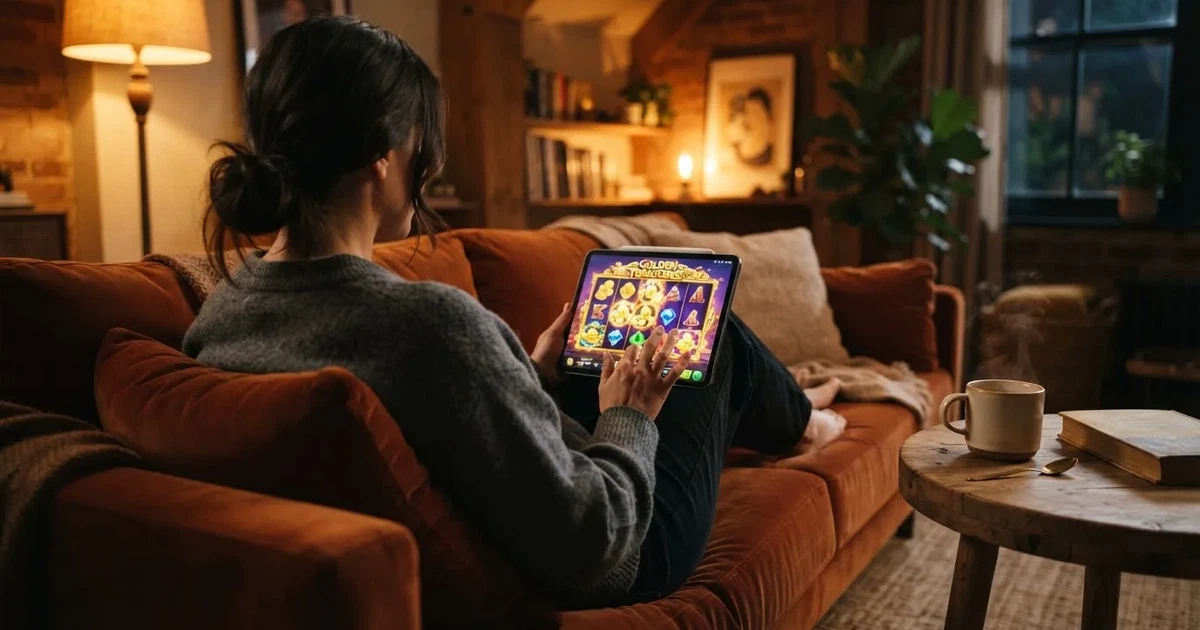 Giocatore sul divano con un tablet, tazza di caffè sul tavolino, luce calda — casino online con bonus crab