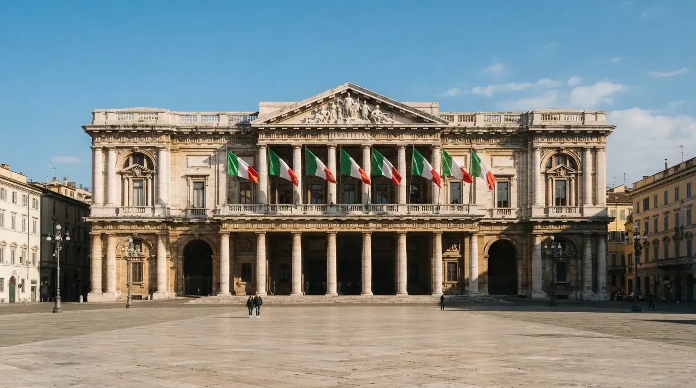 Palazzo istituzionale con bandiere al vento in una piazza soleggiata — casino online con cie