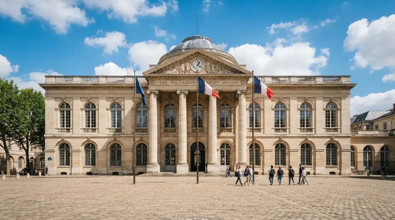 Palazzo istituzionale con bandiere al vento in una piazza soleggiata — casino online con soldi finti