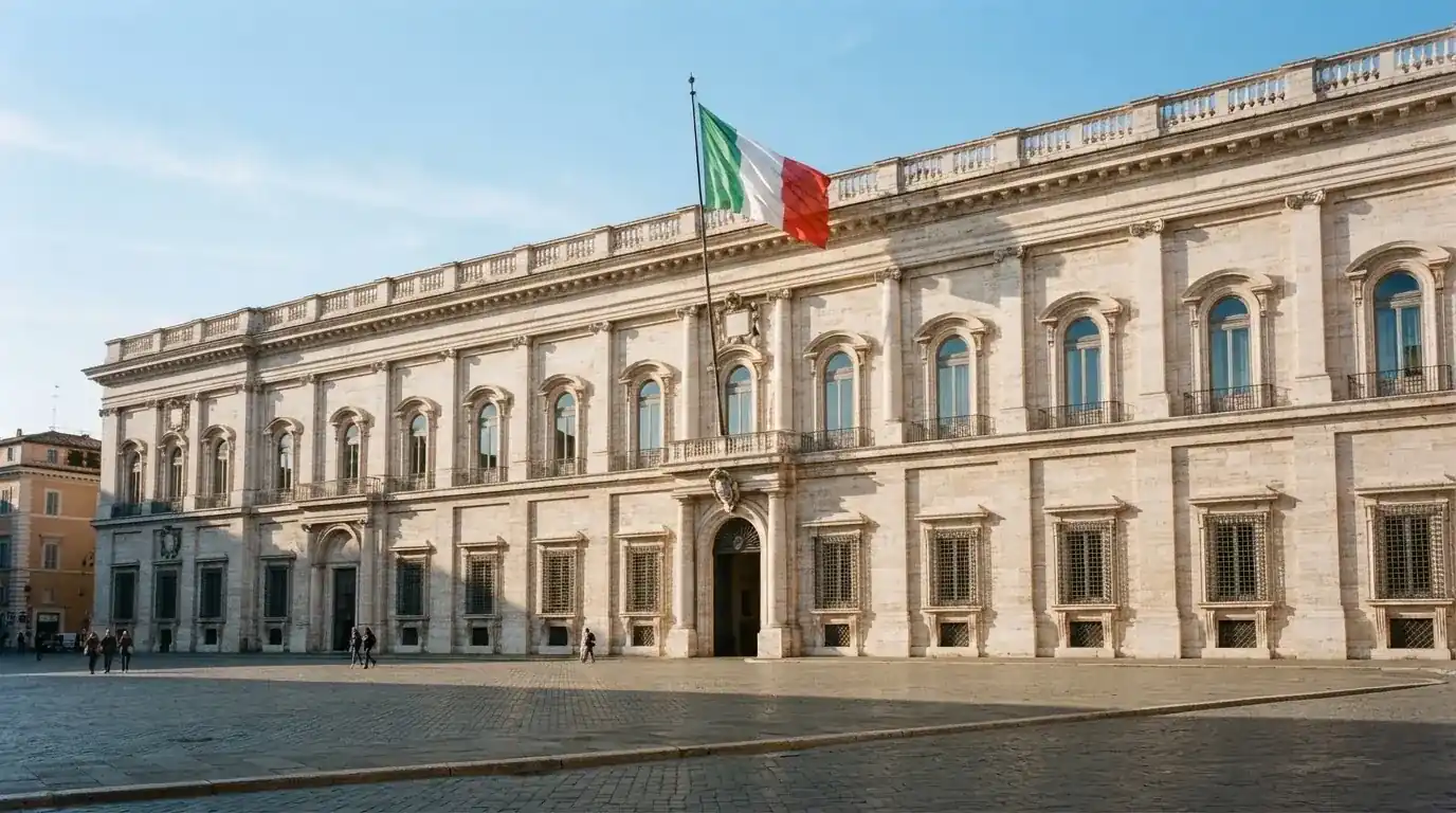 Palazzo istituzionale con bandiere al vento in una piazza soleggiata — casino online italiani senza autoesclusione