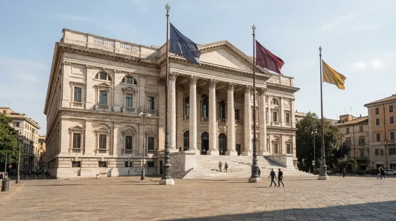 Palazzo istituzionale con bandiere al vento in una piazza soleggiata — casino senza codice fiscale