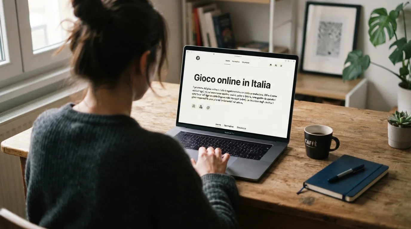 Persona davanti a un portatile che legge una pagina informativa sul gioco online in Italia — casinò slot machines con rtp alto