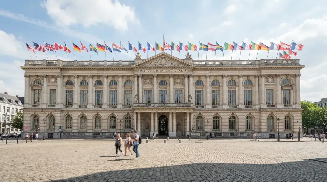 Palazzo istituzionale con bandiere al vento in una piazza soleggiata — casinò slot machines con rtp alto